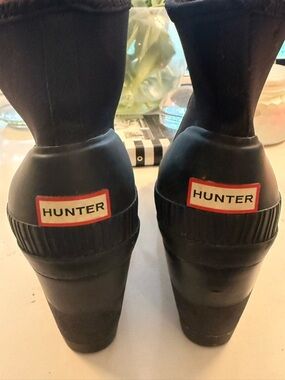 Hunter Black Wedge Rain Boots with Red Logo Trim